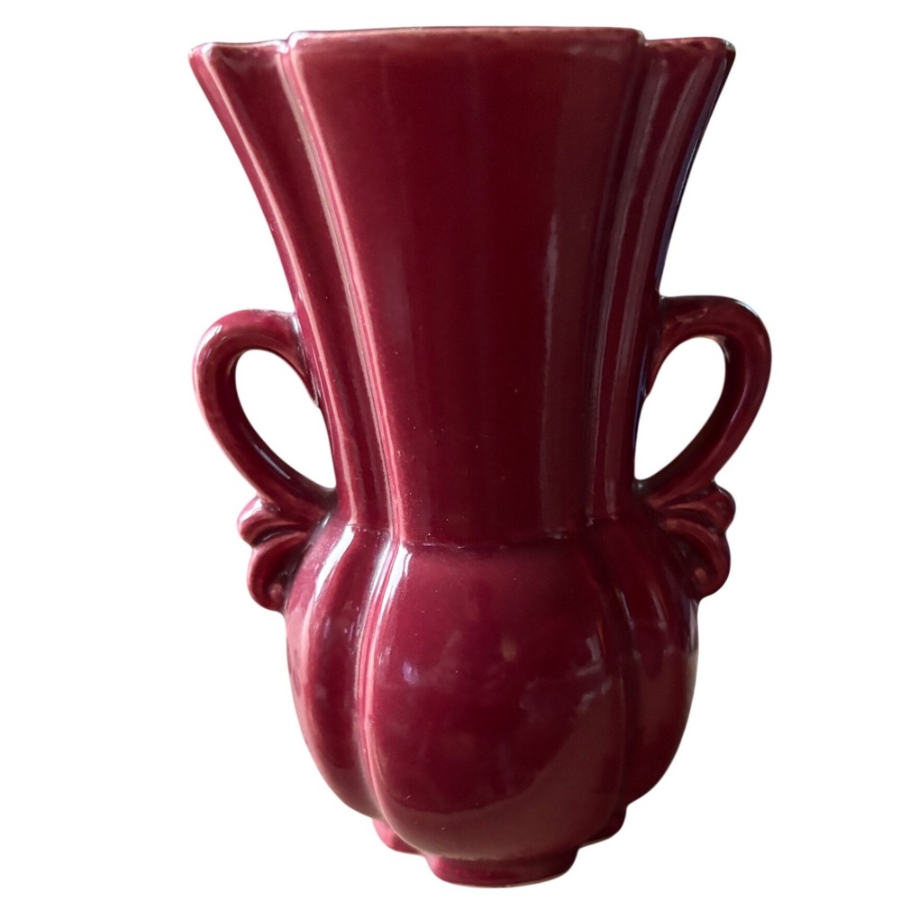 Vintage Burgundy Art Deco Ceramic Vase Double Handle Scalloped Ribbed Urn Decor